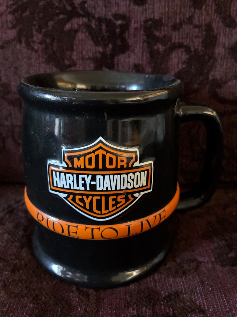 Harley-Davidson Ride To Live Black and Orange Shield Logo Ceramic Mug